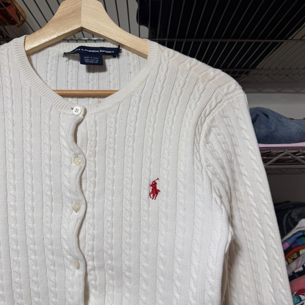 Ralph Lauren Sport Cardigan Women's M White Cable Knit Cotton Button Up Sweater